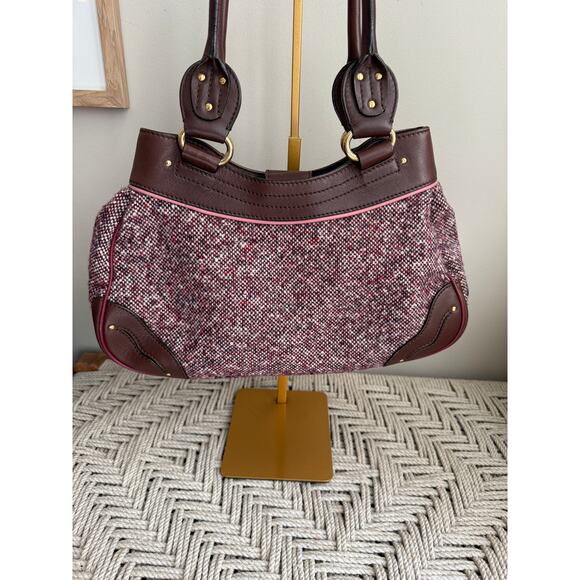 Celine Burgundy Leather and Tweed Handbag - Picture 4 of 11